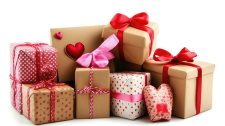 A charming collection of beautifully wrapped gift boxes adorned with vibrant ribbons and heart motifs, perfect for holidays and special moments filled with joy and love.の素材