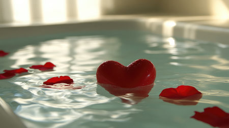 A vibrant red heart rests serenely in still water, surrounded by delicate rose petals, creating a tranquil and romantic atmosphere perfect for any love celebration.の素材