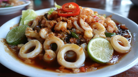 A vibrant seafood dish featuring succulent shrimp and calamari, garnished with fresh lime and chili, perfect for food lovers seeking flavorful cuisine.の素材