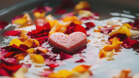 Experience a romantic atmosphere with heart-shaped soap resting on water sprinkled with vibrant rose petals, perfect for a calming spa or self-care ritual.の素材