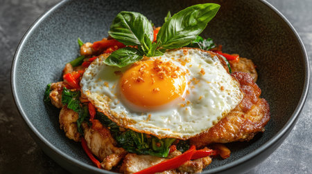 A mouthwatering chicken stir-fry featuring vibrant vegetables, topped with a perfectly fried egg and fresh basil, presented in a cozy bowl for a delightful meal experience.の素材