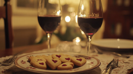 A charming dinner setup featuring heart-shaped cookies and glasses of red wine, creating a cozy and romantic atmosphere for special moments and gatherings.の素材
