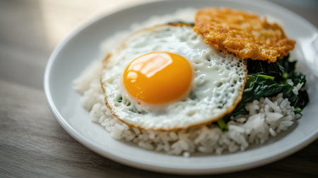 This image features a vibrant plate of rice topped with a sunny-side-up egg and a crispy snack, ideal for breakfast or brunch, highlighting wholesome ingredients and simple preparation.の素材
