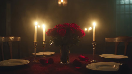 A beautifully arranged dinner table featuring vibrant red roses in a vase, surrounded by flickering candles and fine dining plates, perfect for romantic evenings or special celebrations.の素材