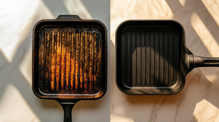 A striking comparison of a dirty grill pan and a clean grill pan under bright sunlight on a marble countertop, highlighting kitchen tools and hygiene practices in food preparation.の素材