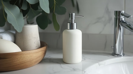 A beautiful bathroom scene showcasing a sleek soap dispenser and elegant decor elements, highlighting a modern aesthetic with natural touches for a peaceful atmosphere.の素材