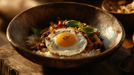 A visually appealing dish showcasing rice topped with a perfectly fried egg, fresh herbs, and a blend of spices, ideal for food enthusiasts and culinary lovers.の素材