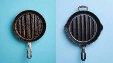 This image features two cast iron grill pans, one showing wear and the other brand new, highlighting their differences in texture and usability for various cooking methods.の素材