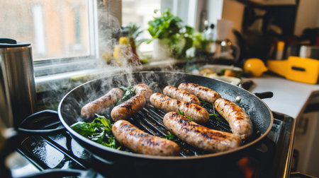 Juicy sausages sizzle on a grill pan, releasing steam and aromas in a well-lit kitchen. Perfect for food enthusiasts looking to create delicious meals.の素材