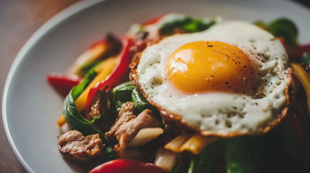 A vibrant plate featuring stir-fried vegetables, tender chicken, and a sunny-side up egg over fresh spinach, showcasing wholesome ingredients ideal for any mealtime.の素材