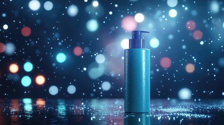A striking cosmetic bottle with a pump sits elegantly against a backdrop of colorful bokeh and shimmering raindrops, perfect for promoting beauty and skincare products.の素材