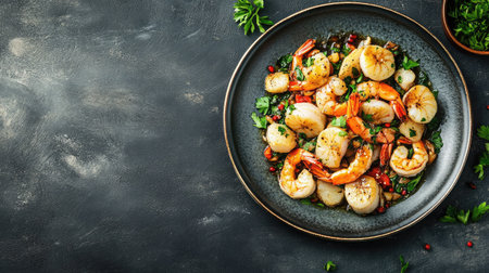 A vibrant plate of shrimp and scallops garnished with fresh herbs showcases gourmet cooking. Perfect for food photography, this dish highlights culinary artistry and delicious flavors.の素材