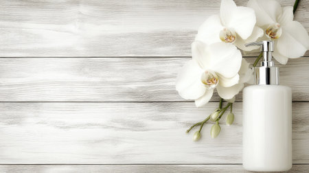 Discover a serene setting featuring a white lotion bottle and delicate orchid flowers against a rustic wooden backdrop, perfect for beauty and wellness themes.の素材