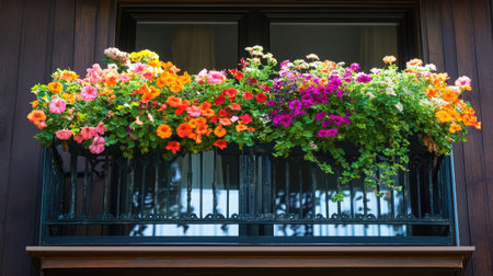 Colorful flower boxes bursting with various blossoms adorn a black iron balcony railing, adding charm and vibrancy to an urban setting with sunlight streaming through.の素材