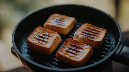 This image features golden grilled bread slices in a black pan, highlighting their crisp texture and the warm, inviting atmosphere of a cozy kitchen setting.の素材