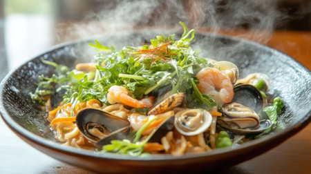 This steaming seafood noodle bowl features shrimp and clams mixed with fresh vegetables, offering a delightful culinary experience on a rustic wooden table.の素材