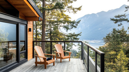 Enjoy a breathtaking view from a modern cabin deck overlooking mountains and lush greenery, ideal for relaxation and connection with nature in a serene environment.の素材