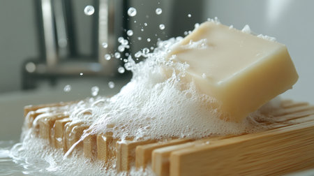 A captivating scene showcasing a bar of soap creating rich foam and splashes of water on a wooden soap dish, perfect for promoting cleanliness and relaxation in a stylish bathroom setting.の素材