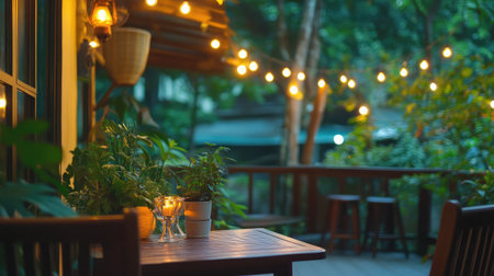 Discover a peaceful outdoor setting featuring a wooden table adorned with candles, surrounded by lush greenery and softly glowing string lights, ideal for intimate gatherings.の素材
