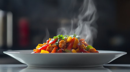 A vibrant vegetable stir-fry steaming on a white plate, showcasing fresh ingredients and aromatic blend, perfect for a healthy and appetizing meal. Ideal for food photography.の素材