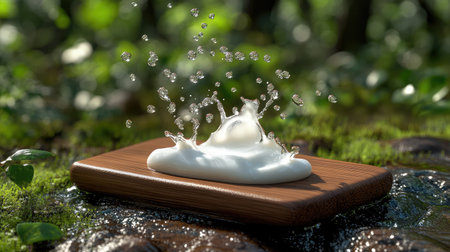 This stunning image captures a creamy texture splashing on a wooden board, set amidst lush greenery, evoking a sense of peace and natural beauty in an outdoor setting.の素材