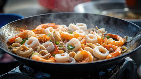 A vibrant and delicious seafood stir-fry featuring shrimp, squid, and clams, with steam rising, capturing the essence of a colorful culinary experience. Perfect for food lovers!の素材