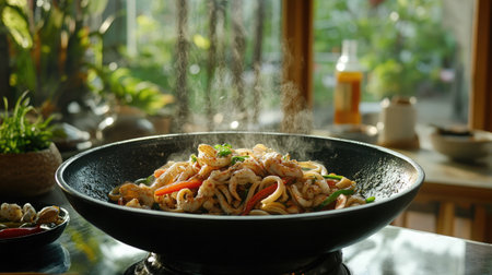 A vibrant stir-fried dish featuring chicken and assorted vegetables steaming in a black wok, set in a cozy kitchen filled with natural light and greenery.の素材