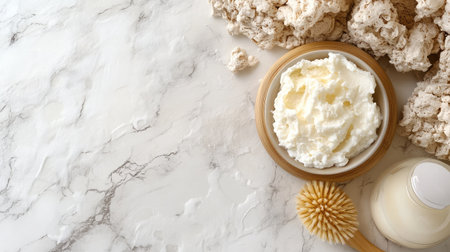 A serene image of whipped cream in a bowl accompanied by a natural sponge and minimalistic elements, ideal for culinary or beauty-related contexts that emphasize freshness and texture.の素材