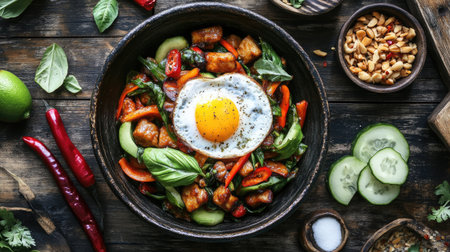 A mouth-watering stir-fried chicken bowl garnished with a fried egg, fresh vegetables, and aromatic herbs, presented beautifully on a rustic wooden table.の素材
