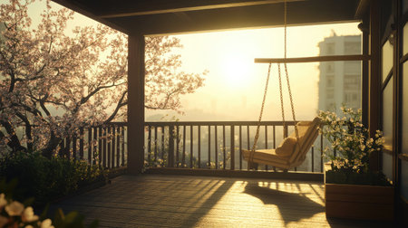 Experience a tranquil moment on a balcony adorned with cherry blossoms at sunset, providing a peaceful escape from city life and an inviting space for relaxation.の素材