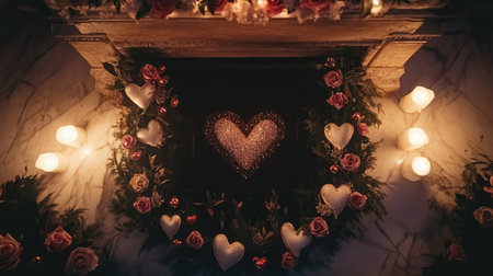 This lovely heart decoration adorned with pink roses and soft lights creates a romantic ambiance perfect for Valentineの素材