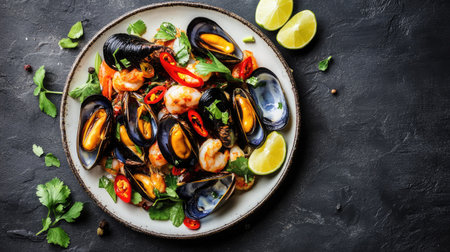 A beautifully arranged seafood platter featuring fresh shrimp and mussels, garnished with vibrant herbs and spices, perfect for a gourmet dining experience.の素材
