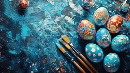 A captivating arrangement of beautifully painted Easter eggs alongside paintbrushes on a rich blue artistic background, ideal for spring festivities and creative projects.の素材