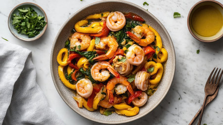 A vibrant shrimp and vegetable stir-fry showcasing fresh herbs and olive oil, perfect for a wholesome meal. A delightful blend of colors and flavors.の素材