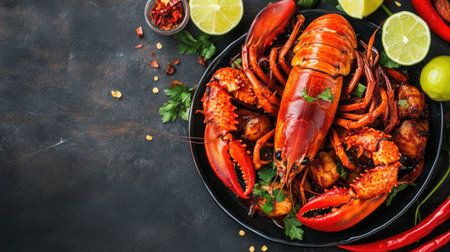 A mouthwatering arrangement featuring a fresh lobster on a dark plate, accented with lemon and spices, ideal for seafood culinary creations and gourmet dining experiences.の素材