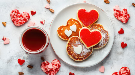 Delight in these heart-shaped pancakes adorned with sweet toppings, perfect for a romantic breakfast or snack, set against charming festive decor and a lovely red drink.の素材