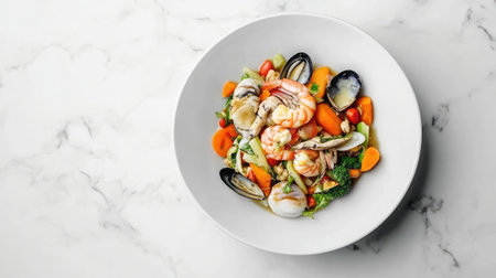 A beautifully arranged seafood medley featuring shrimp, mussels, and assorted vibrant vegetables in a stylish white bowl, perfect for culinary enthusiasts and food photography.の素材