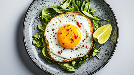 A beautifully plated fried egg resting on fresh spinach, accented by a lime wedge and spices, perfect for a nutritious breakfast or a quick snack.の素材