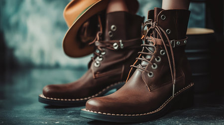 Captivating close-up of stylish brown leather boots with intricate laces, perfect for fashion lovers looking for versatile footwear in casual and outdoor settings.の素材