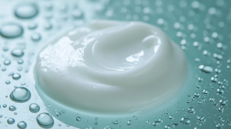 An exquisite close-up of a creamy moisturizer resting on a reflective surface, surrounded by glistening water droplets, perfect for showcasing skincare textures and hydration benefits.の素材