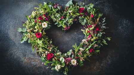 This stunning floral heart arrangement features a mix of fresh flowers and greenery on a dark background, perfect for romantic celebrations or special occasions.の素材