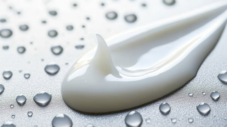 Captivating image of a smooth cream or lotion texture on a metallic surface, adorned with sparkling water drops, conveying freshness and purity for skincare and culinary designs.の素材