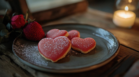 Delight in these charming heart-shaped cookies adorned with pink frosting, complemented by fresh strawberries and a softly glowing candle, perfect for a romantic setting.の素材