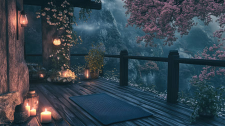A tranquil outdoor retreat featuring soft candlelight, cherry blossom trees, and a cozy atmosphere, perfect for relaxation and mindfulness in a serene environment.の素材