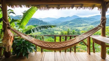 A captivating hammock suspended in a rustic setting offers a stunning view of green mountains and vibrant foliage, perfect for relaxation and enjoying nature's beauty.の素材