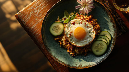 A beautifully arranged breakfast plate featuring a fried egg, rice, cucumber, and a flower garnish, illuminated by soft natural light for a warm and inviting feel.の素材