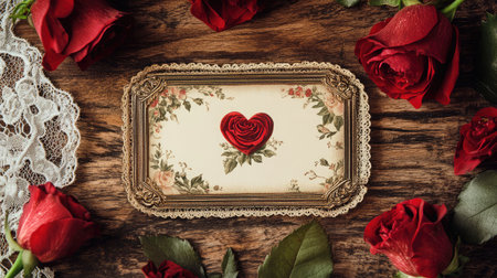 A beautiful heart-shaped arrangement made of red roses sits within a vintage frame, surrounded by fresh roses on a rustic wood background, evoking love and romance.の素材