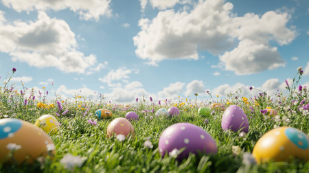 A vibrant scene of colorful Easter eggs scattered across a lush green meadow, showcasing a beautiful spring day with fluffy clouds and blooming wildflowers under a clear blue sky.の素材