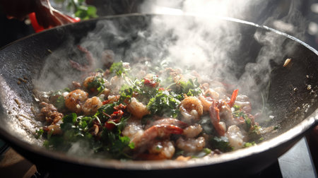 A captivating image of a steaming shrimp stir-fry in a wok, showcasing fresh vegetables and herbs, illustrating the dynamic process of cooking Asian cuisine full of vibrant flavors.の素材