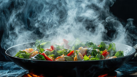 A close-up view of a colorful stir-fry dish featuring fresh vegetables and aromatic steam, highlighting the art of cooking in a vibrant culinary environment.の素材